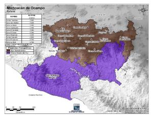 Mapa en color de montañas de Michoacán de Ocampo. INEGI de México