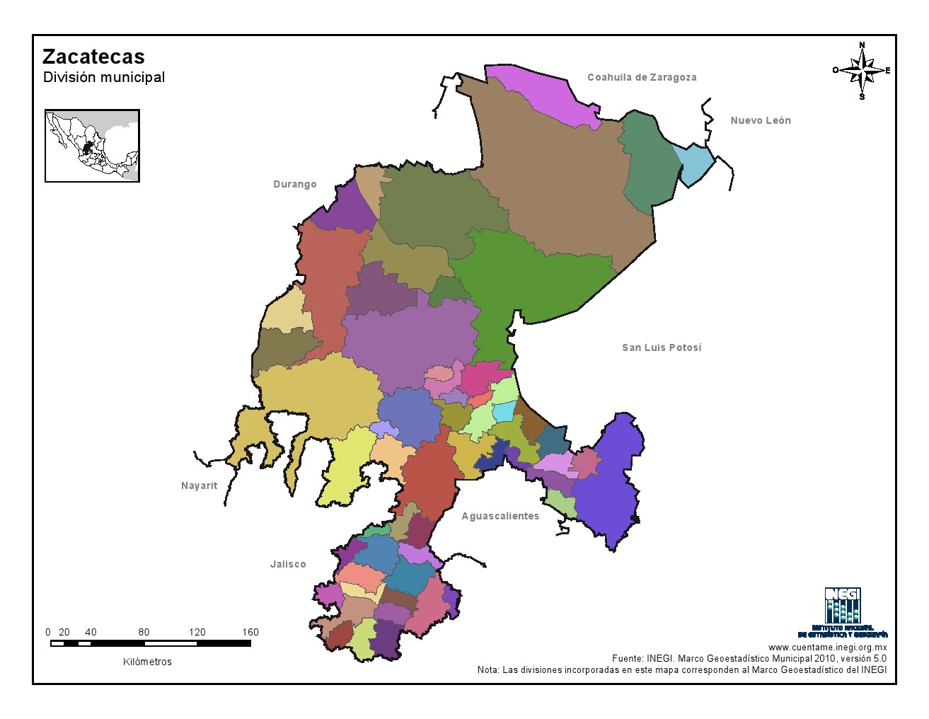 Mapa mudo de municipios de Zacatecas. INEGI de México