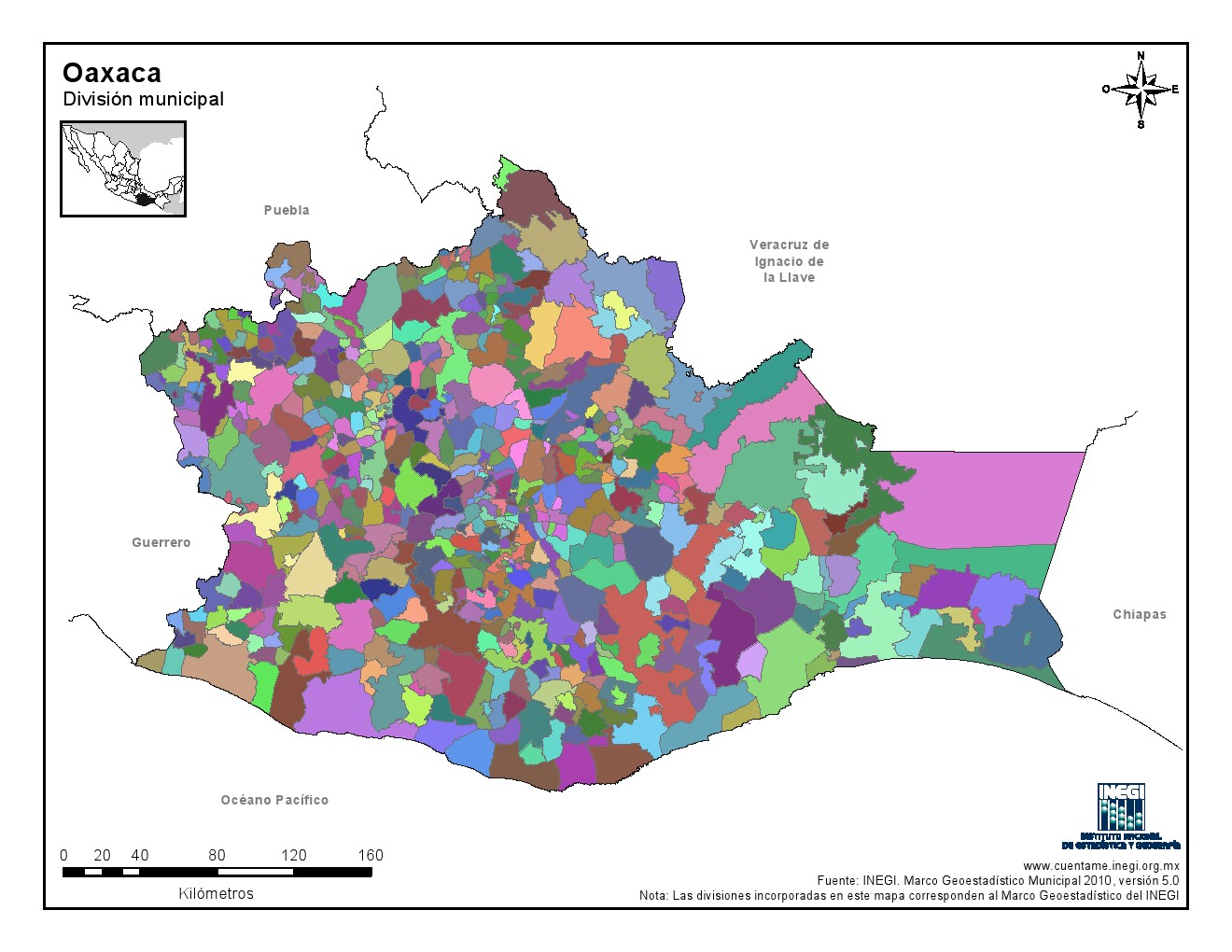 Mapa mudo de municipios de Oaxaca. INEGI de México