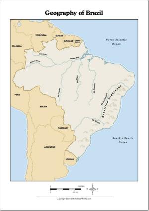 Mapa de ríos y montañas de Brasil. WorksheetWorks