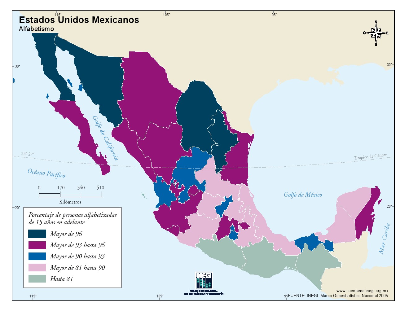 Mapa de alfabetismo en México. INEGI de México
