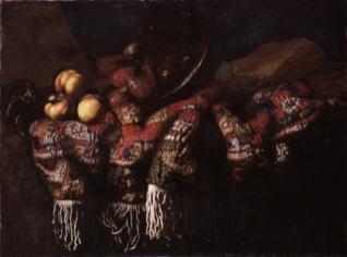 Bodegón con fruta, alfombra turca y libro