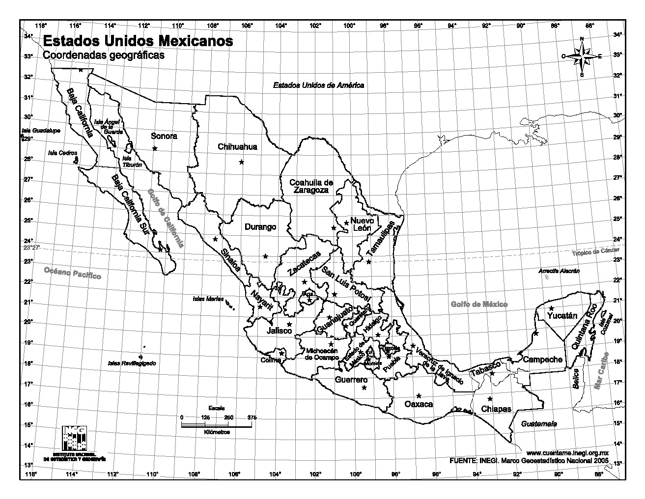 Mapa para imprimir de México Mapa de Estados Unidos Mexicanos. INEGI de  México - Cartes interactives