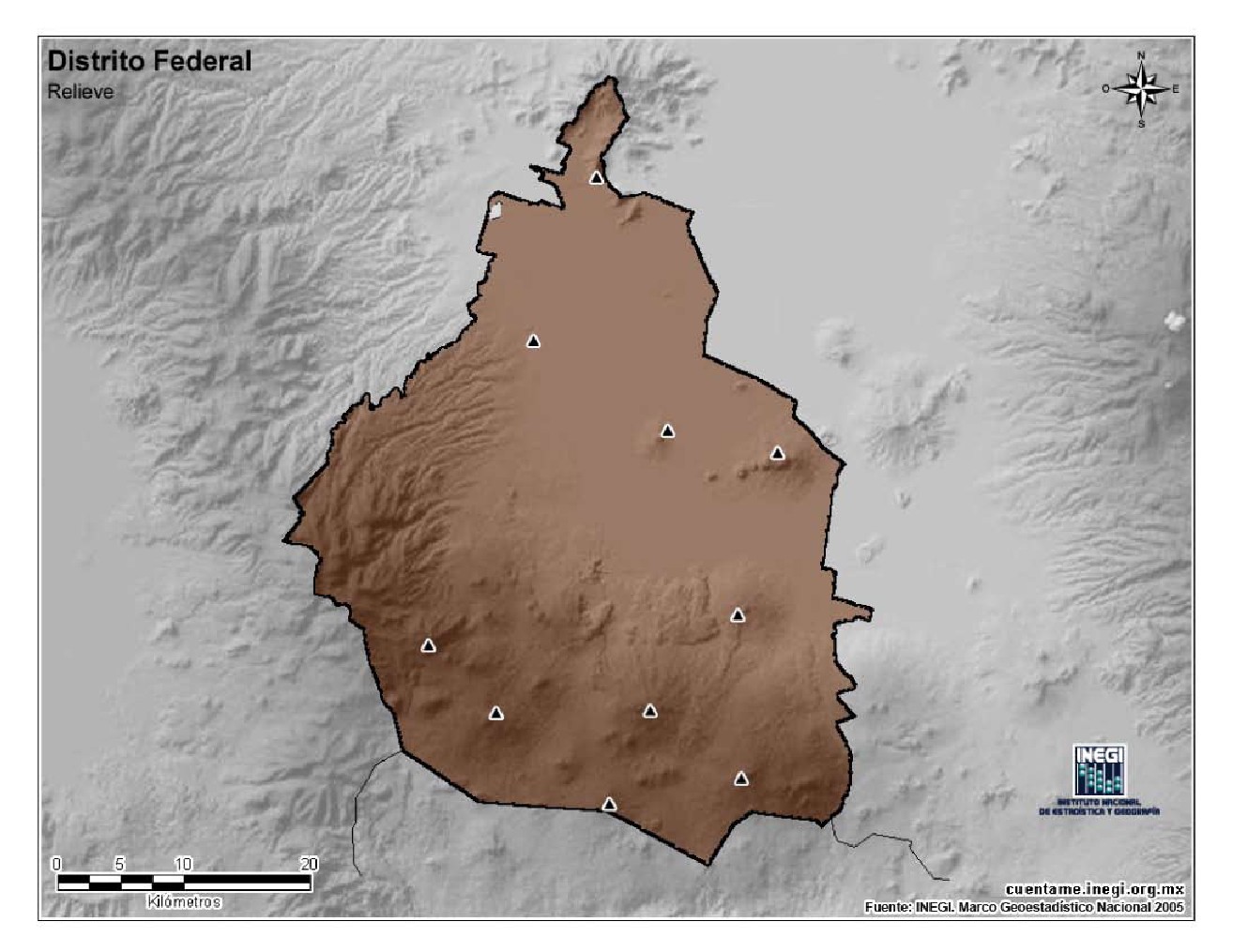 Mapa mudo de montañas de Ciudad de México. INEGI de México
