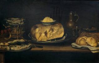 Bodegón: mesa con vajilla, queso, salchichón, pescados...