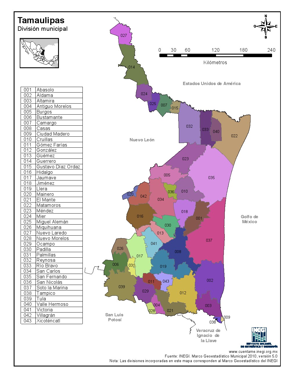 Mapa en color de los municipios de Tamaulipas. INEGI de México
