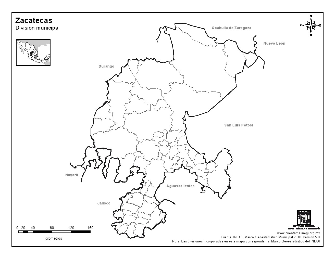 Mapa mudo de municipios de Zacatecas. INEGI de México