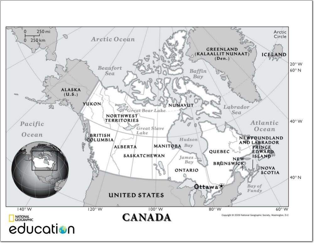 Mapa de provincias y territorios de Canadá. National Geographic