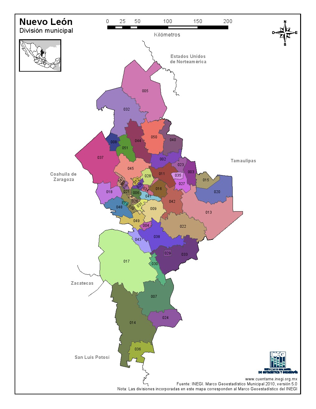 Mapa en color de los municipios de Nuevo León. INEGI de México