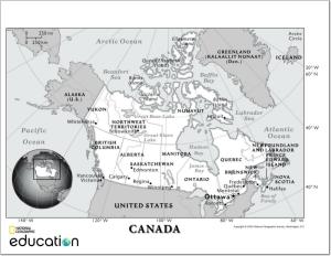 Mapa de ciudades y capitales de provincias y terrotorios de Canadá. National Geographic