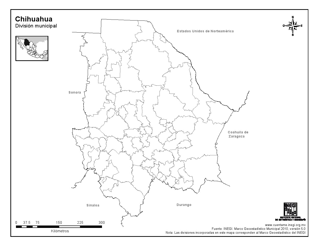 Mapa mudo de municipios de Chihuahua. INEGI de México