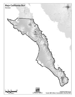 Mapa mudo de montañas de Baja California Sur. INEGI de México