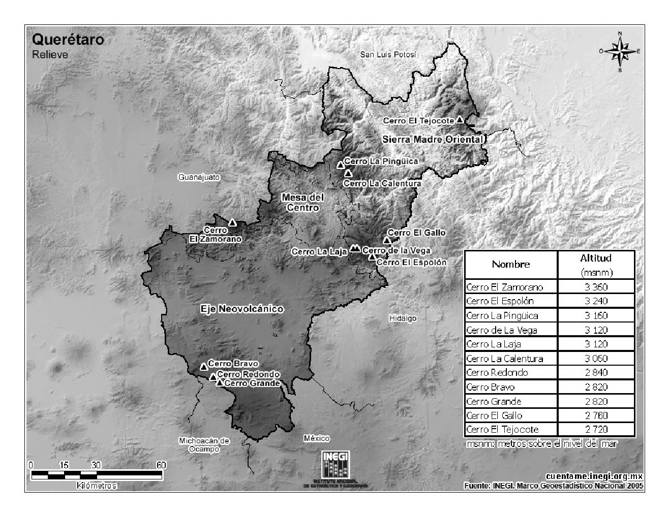 Mapa de montañas de Querétaro. INEGI de México