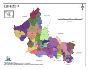Mapa en color de los municipios de San Luis Potosí. INEGI de México