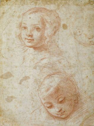 Dos estudios de la cabeza de una niña y caricatura de un rostro infantil