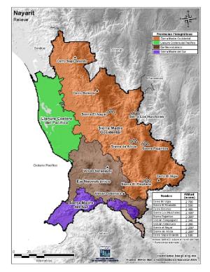 Mapa en color de montañas de Nayarit. INEGI de México