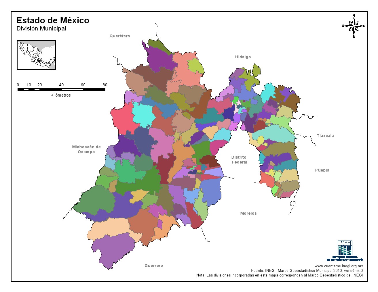 Mapa mudo de municipios del Estado de México. INEGI de México