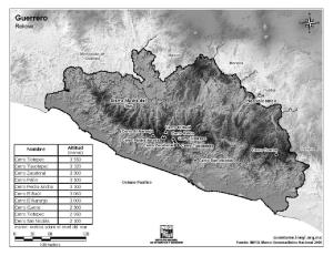 Mapa de montañas de Guerrero. INEGI de México