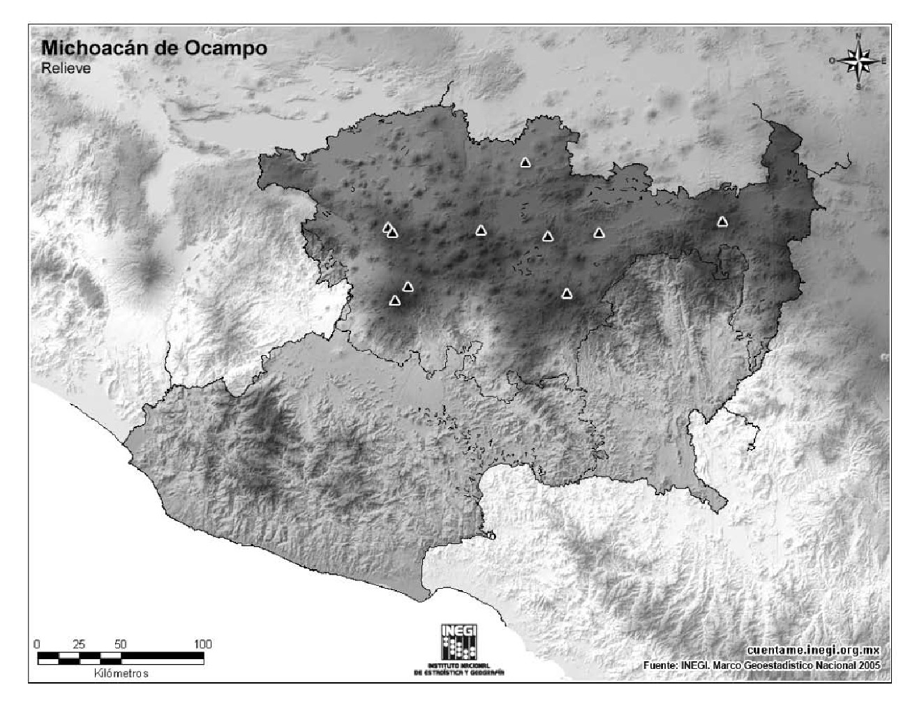 Mapa mudo de montañas de Michoacán de Ocampo. INEGI de México