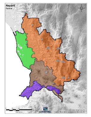 Mapa mudo de montañas de Nayarit. INEGI de México