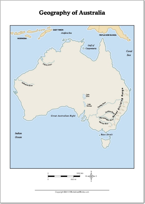 Mapa de ríos y montañas de Australia. WorksheetWorks