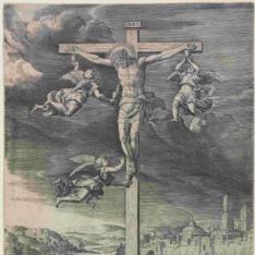 Cristo en la cruz rodeado de tres ángeles que recogensu sangre
