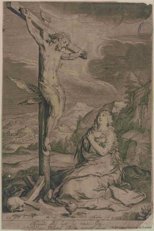 María Magdalena arrodillada frente a la cruz