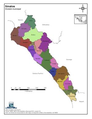 Mapa en color de los municipios de Sinaloa. INEGI de México