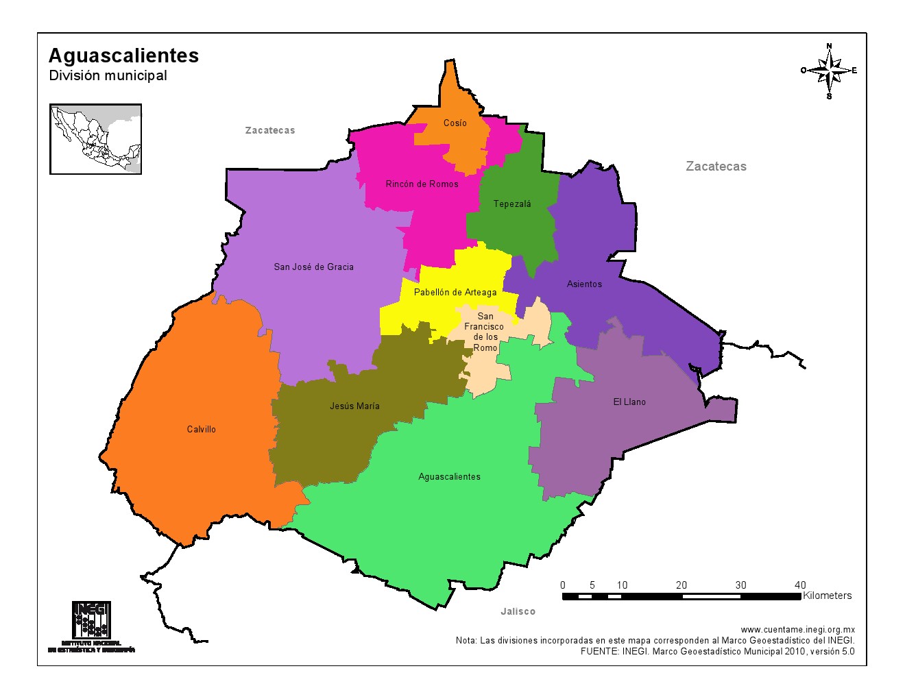 Mapa en color de municipios de Aguascalientes. INEGI de México
