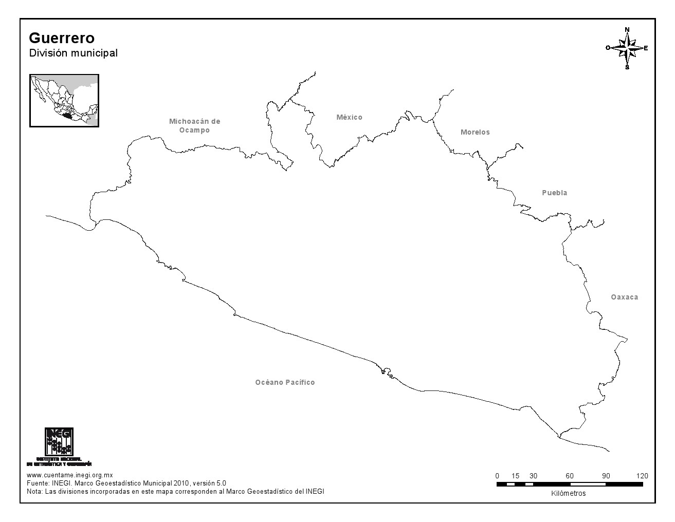 Mapa mudo de Guerrero. INEGI de México