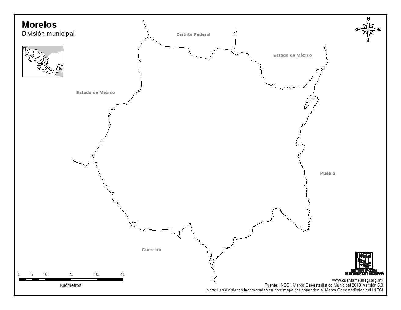 Mapa mudo de Morelos. INEGI de México