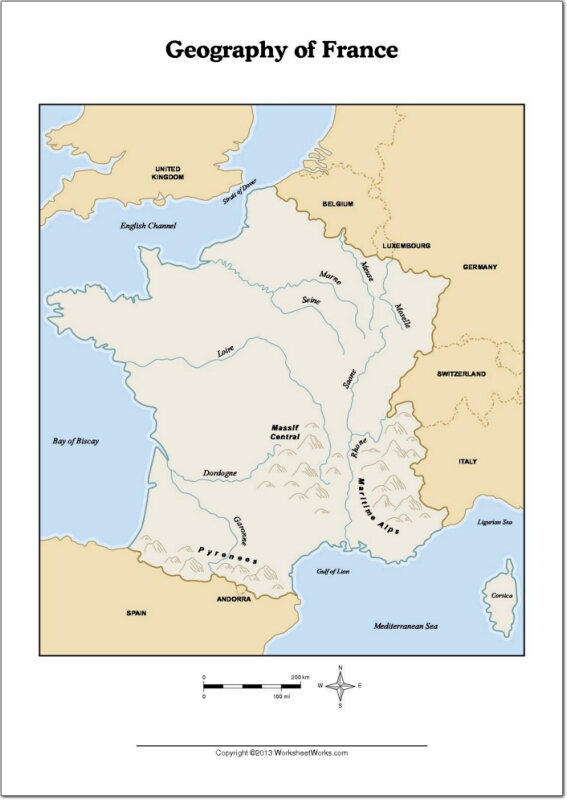 Mapa de ríos y montañas de Francia. WorksheetWorks