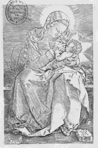 La Virgen con el Niño en un banco de cesped