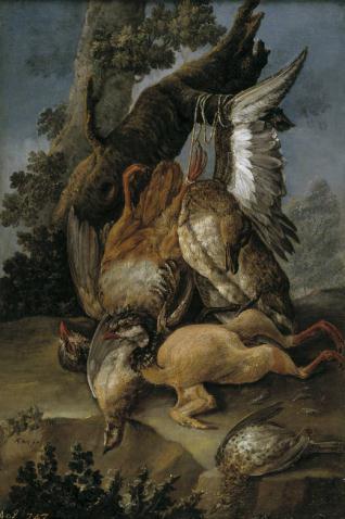 Bodegón de caza: perdiz, ganso y otras aves