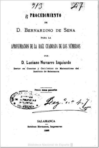 Procedimiento de D. Bernardino de Sena para la aproximación de la raíz cuadrada de los números