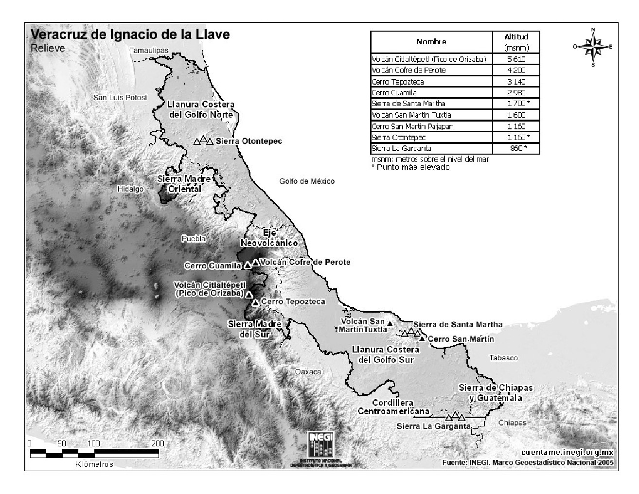 Mapa de montañas de Veracruz. INEGI de México