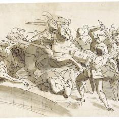 Horacio Cocles, cabalgando hacia la derecha, defendiendo el Puente Sublicio contra Lars Porsenna y los etruscos.