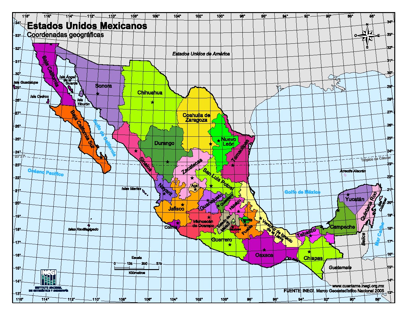 Mapa en color de Estados Unidos Mexicanos. INEGI de México