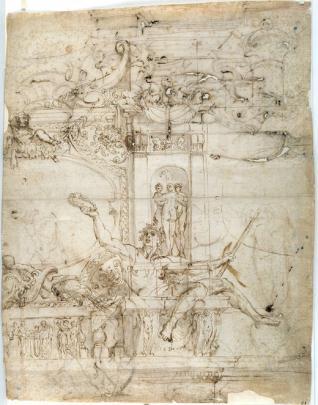 Proyecto de decoración mural [Galleria Farnese (¿?)] / Estudios de putti, de pedestales de la Antigüedad y de una columnata ficticia