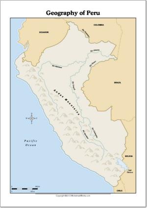 Mapa de ríos y montañas de Perú. WorksheetWorks