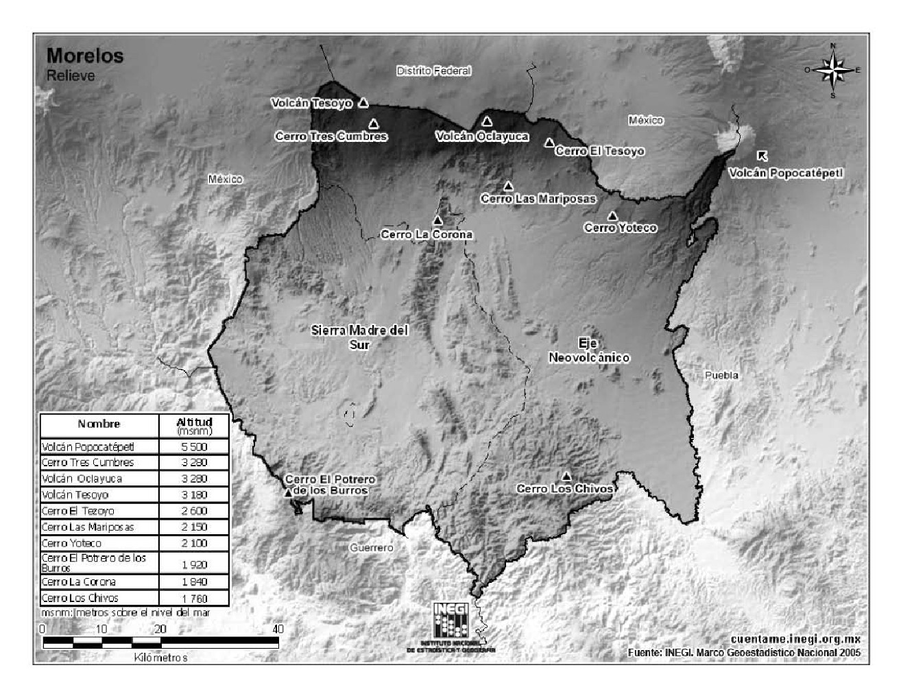 Mapa de montañas de Morelos. INEGI de México