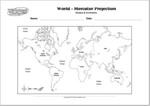 Mapa de continentes y océanos del Mundo. WorksheetWorks