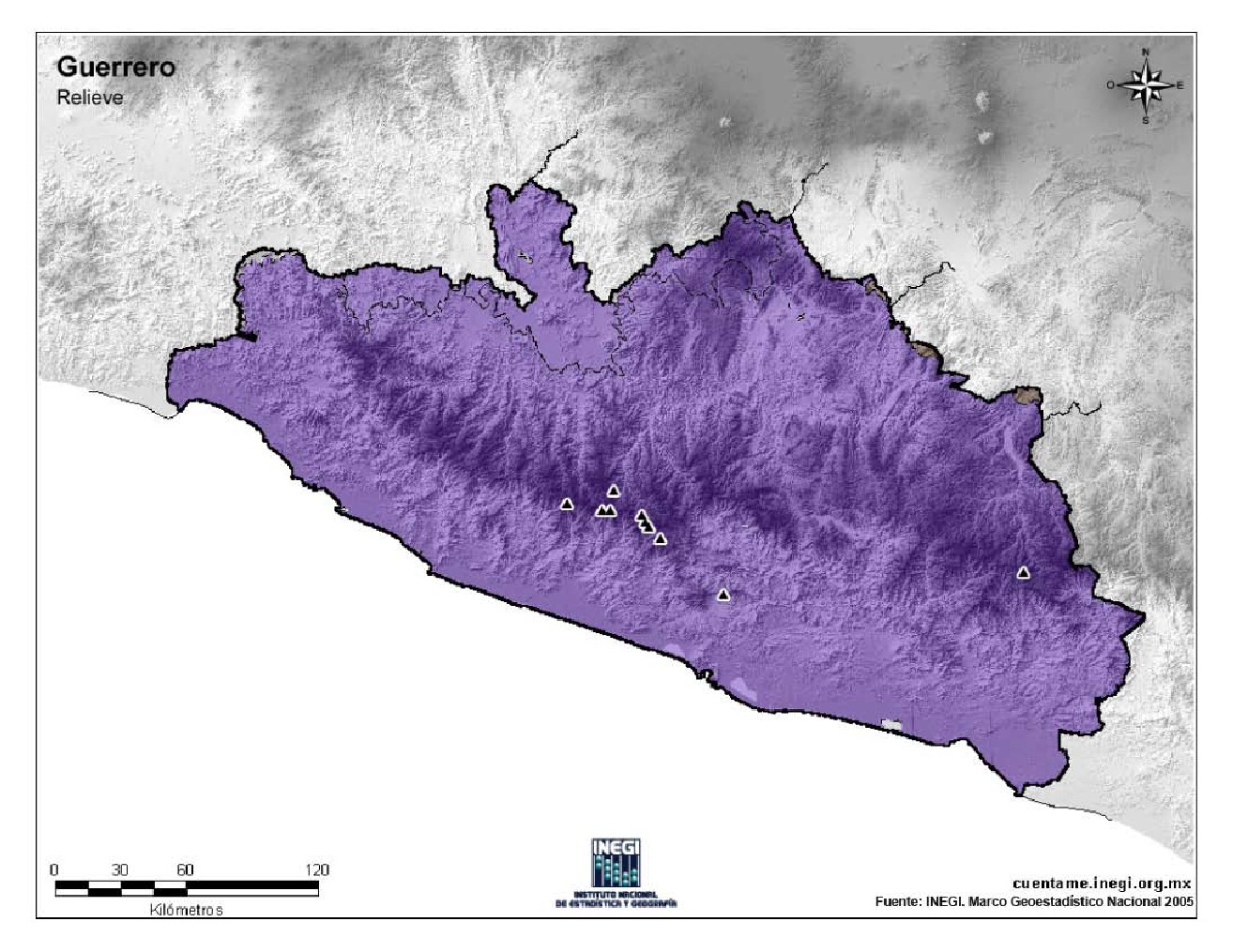 Mapa mudo de montañas de Guerrero. INEGI de México