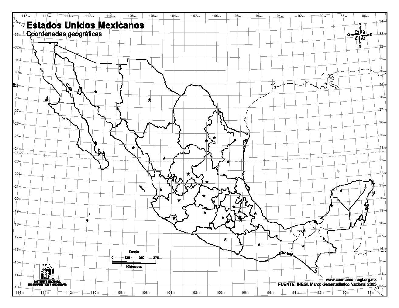 Mapa mudo de capitales de México. INEGI de México