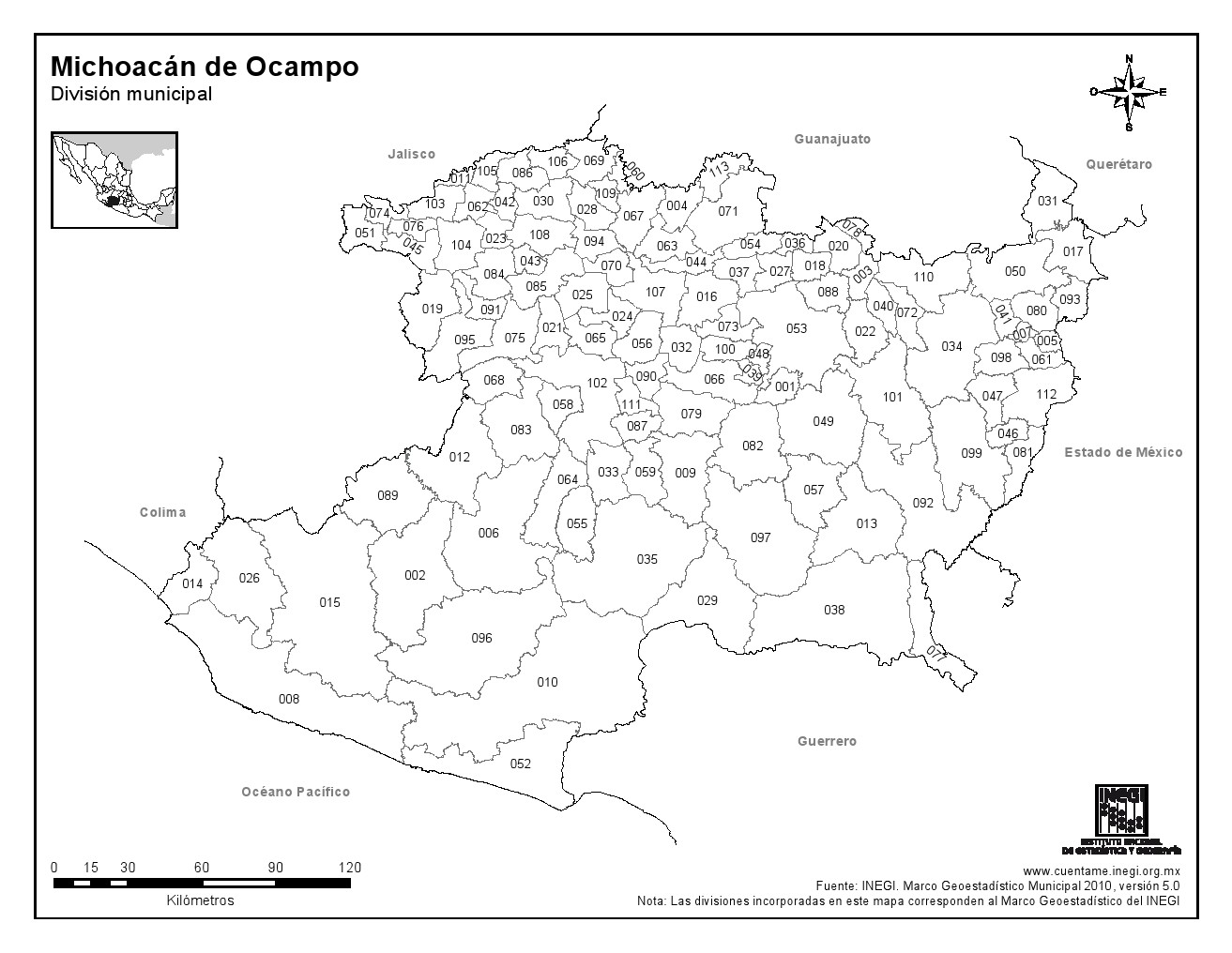 Mapa de municipios de Michoacán de Ocampo. INEGI de México