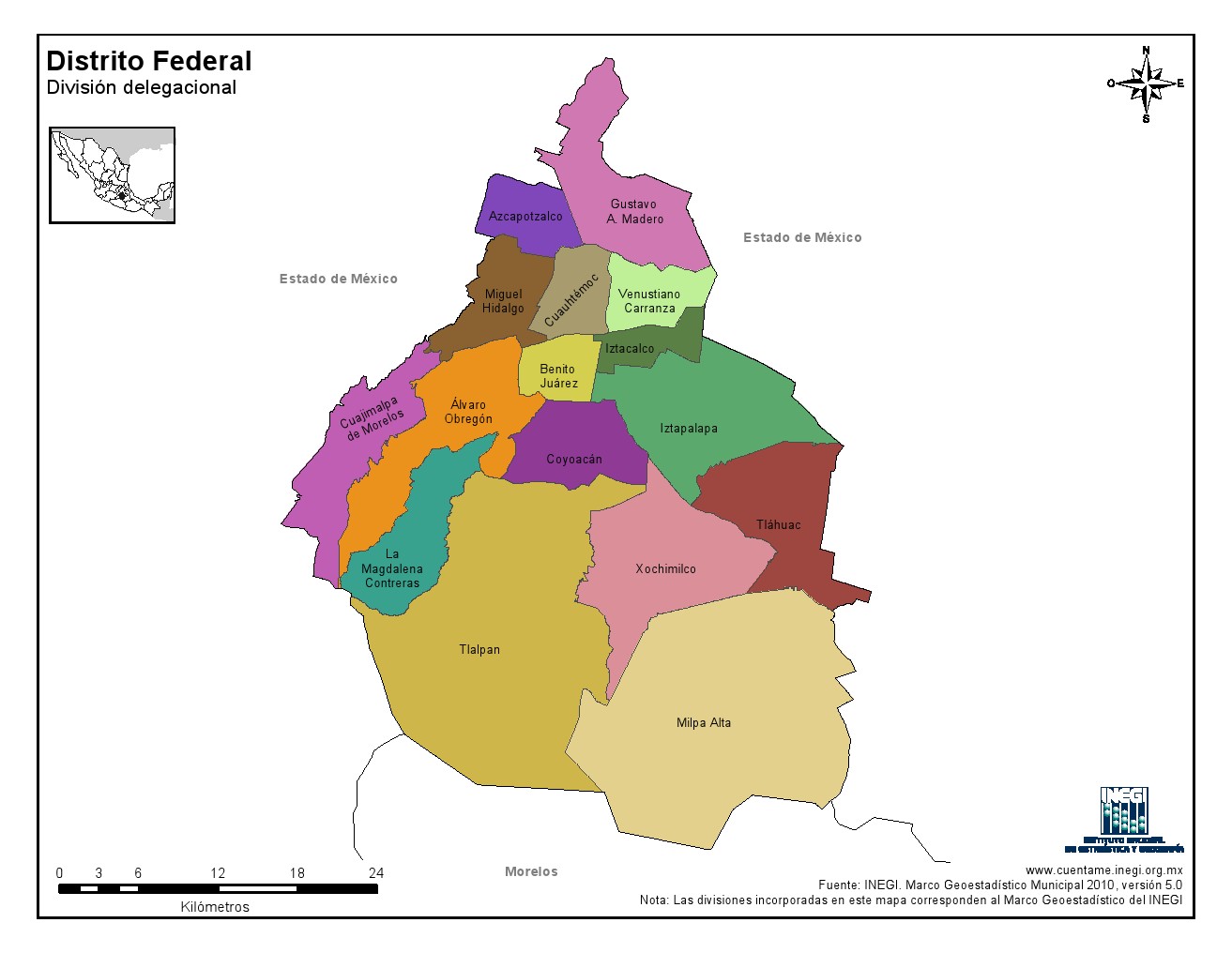 Mapa en color de los municipios de Ciudad de México. INEGI de México
