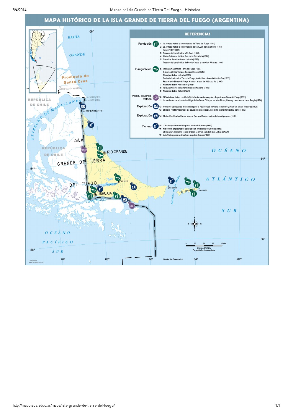 discreción Tectónico Integrar Mapa para imprimir de Isla Grande (Tierra del Fuego - Argentina) Mapa  histórico de Isla Grande de Tierra del Fuego. Mapoteca de Educ.ar - Mapes  interactius