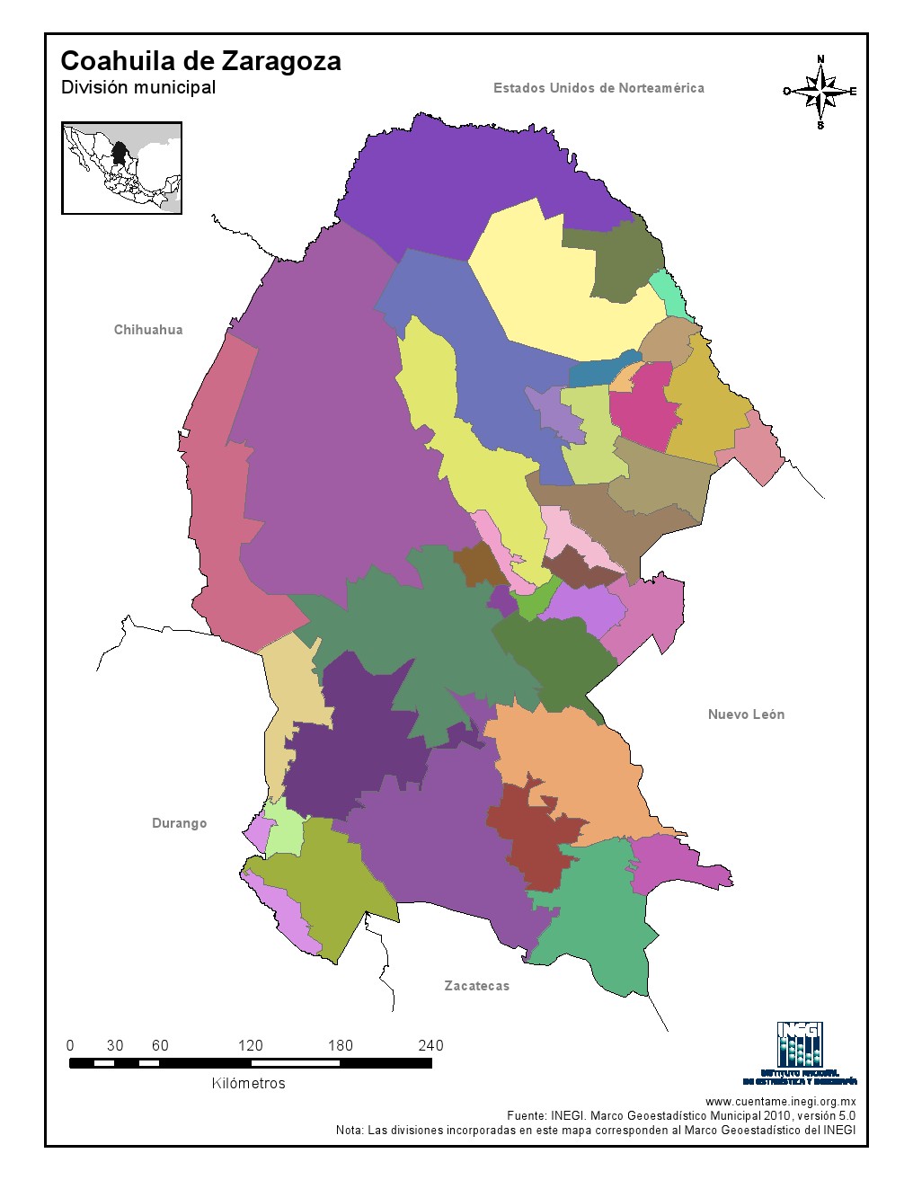 Mapa mudo de municipios de Coahuila de Zaragoza. INEGI de México