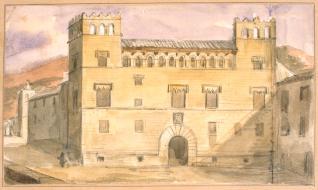 Vista de la fachada principal del palacio de los Urriés en Ayerbe, Huesca