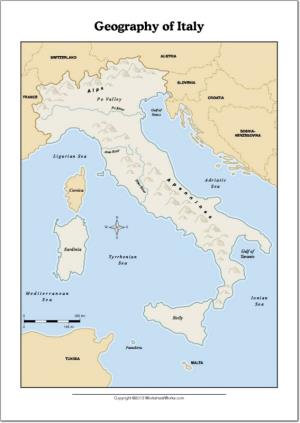 Mapa de ríos y montañas de Italia. WorksheetWorks